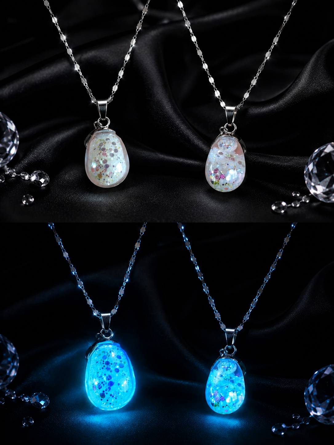 Colliers goutte fluorescents – Éclats bleus ou verts