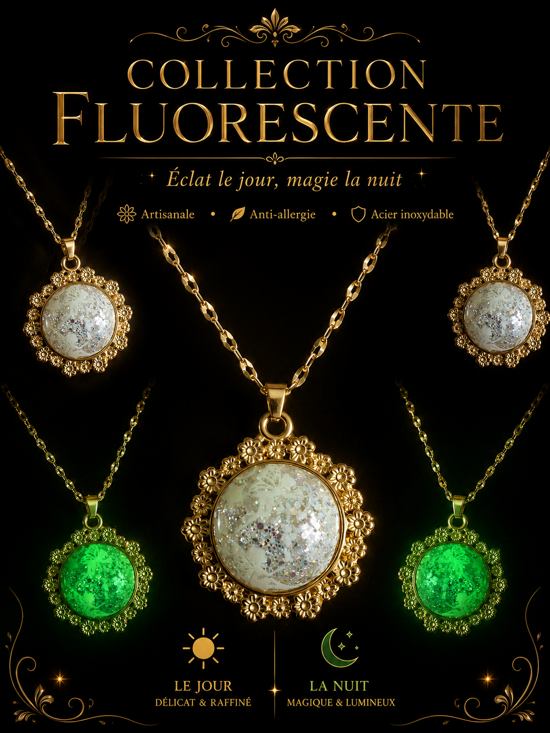 Collection Les Fées Lumineuses – Colliers Artisanaux Fluorescents en Acier Inoxydable