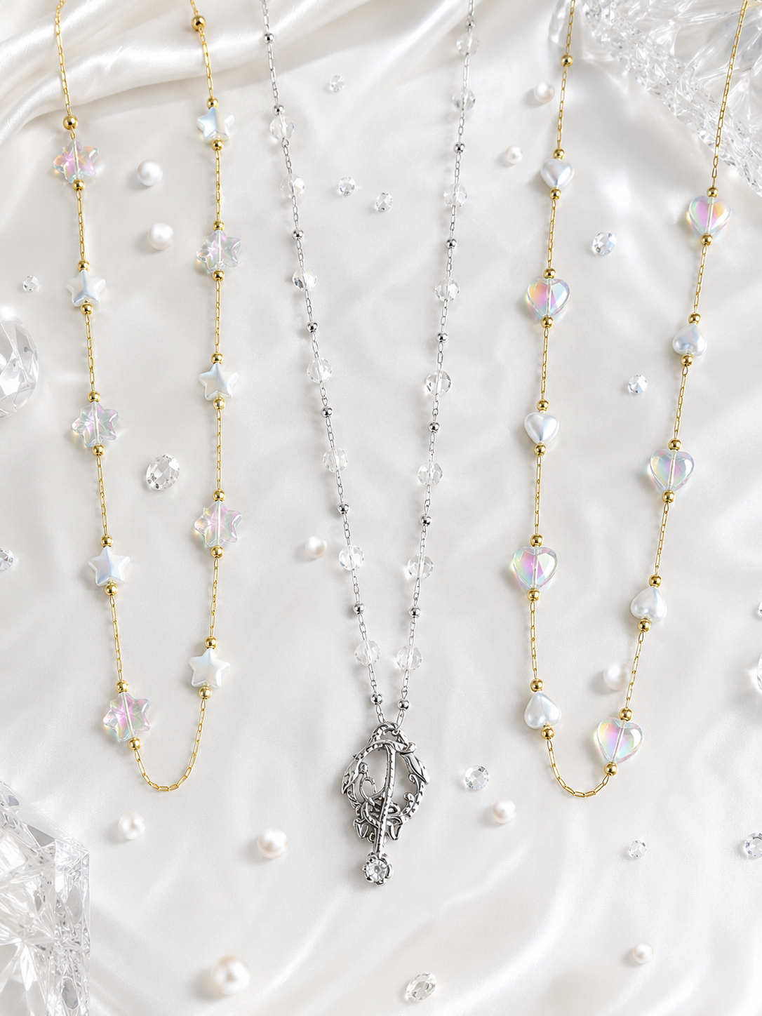 La Collection Pluie de Lumière – Colliers Cœurs, Étoiles et Cristal en Acier Inoxydable