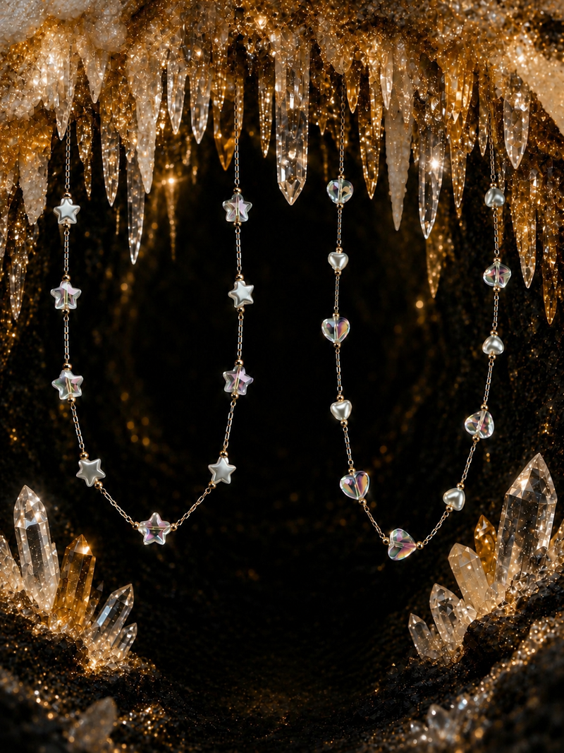 La Collection Pluie de Lumière – Colliers Cœurs, Étoiles et Cristal en Acier Inoxydable