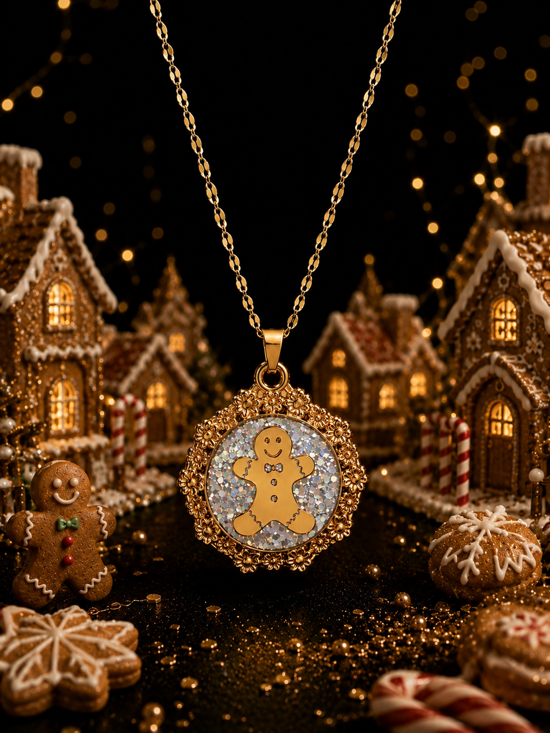 Collier bonhomme pain d’épices fluorescent doré – Chaîne courte Étincelle