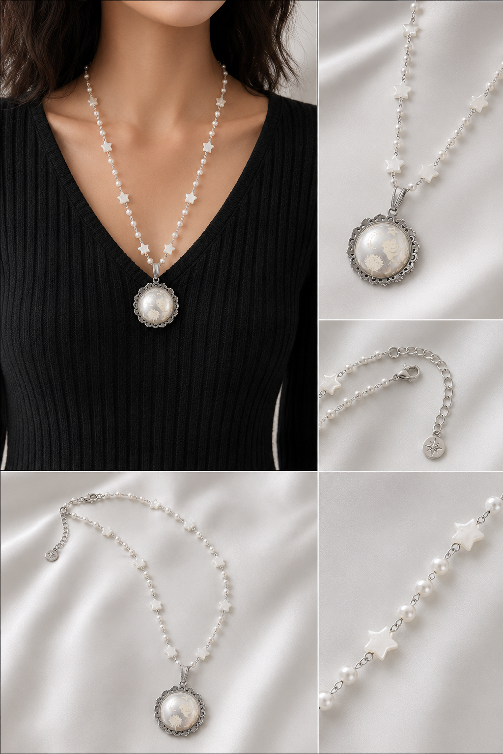 Collier rond à dentelle avec grosse perle blanche de la fée planissette