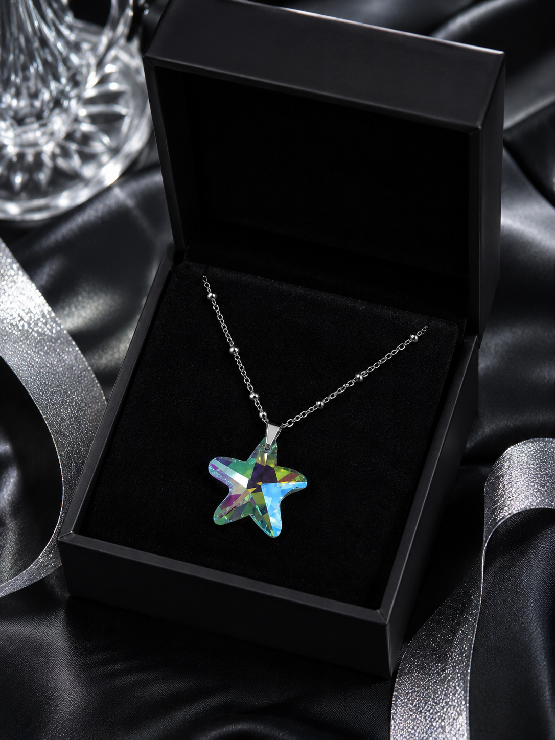 Le collier grosse étoile de mer en cristal argenté