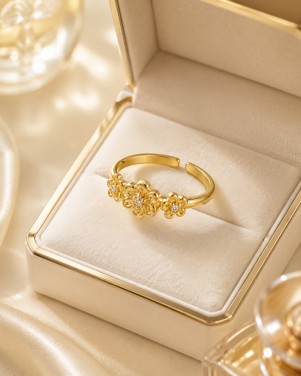 Bague 3 fleurs de cerisier floraison dorée