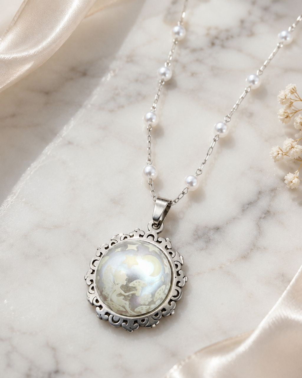 Collier rond dentelle moyenne perle de la fée préline.