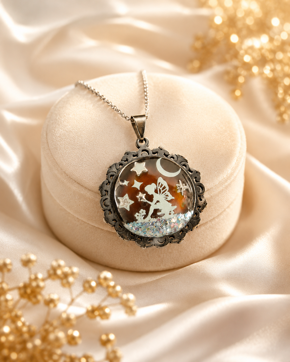 Collier de la fée luna avec grosse perle magique sous les étoiles
