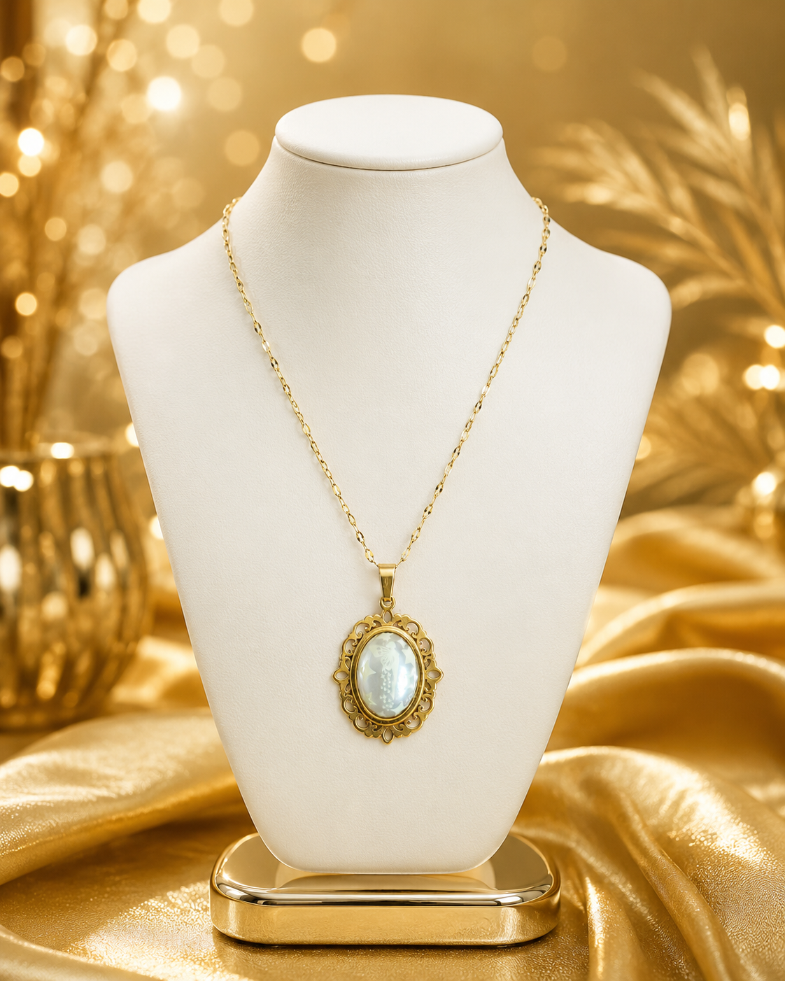 Collier or ovale à dentelle avec petites perles blanches de la fée lumina