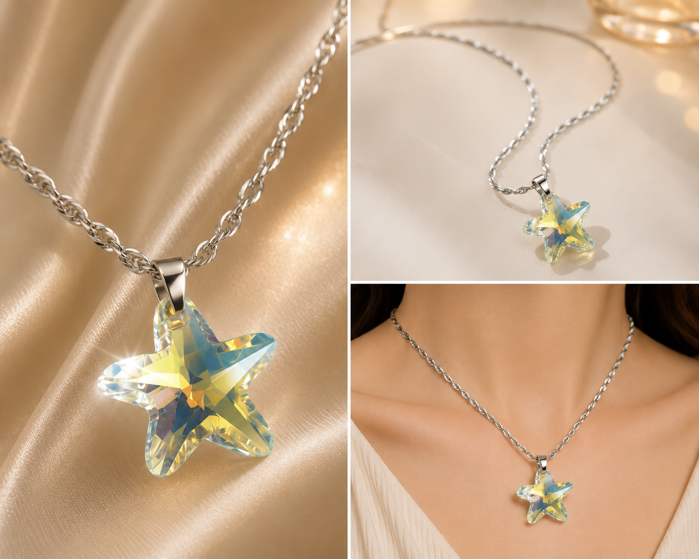 Le collier grosse étoile marine en cristal argenté