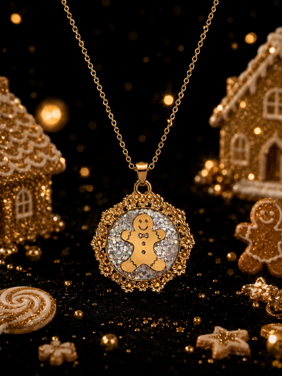 Collier Petit Biscuit fluorescent doré – Chaîne longue Nocturne