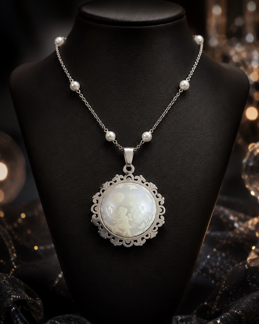 Collier rond à dentelle moyenne perle blanche de la fée jadelia