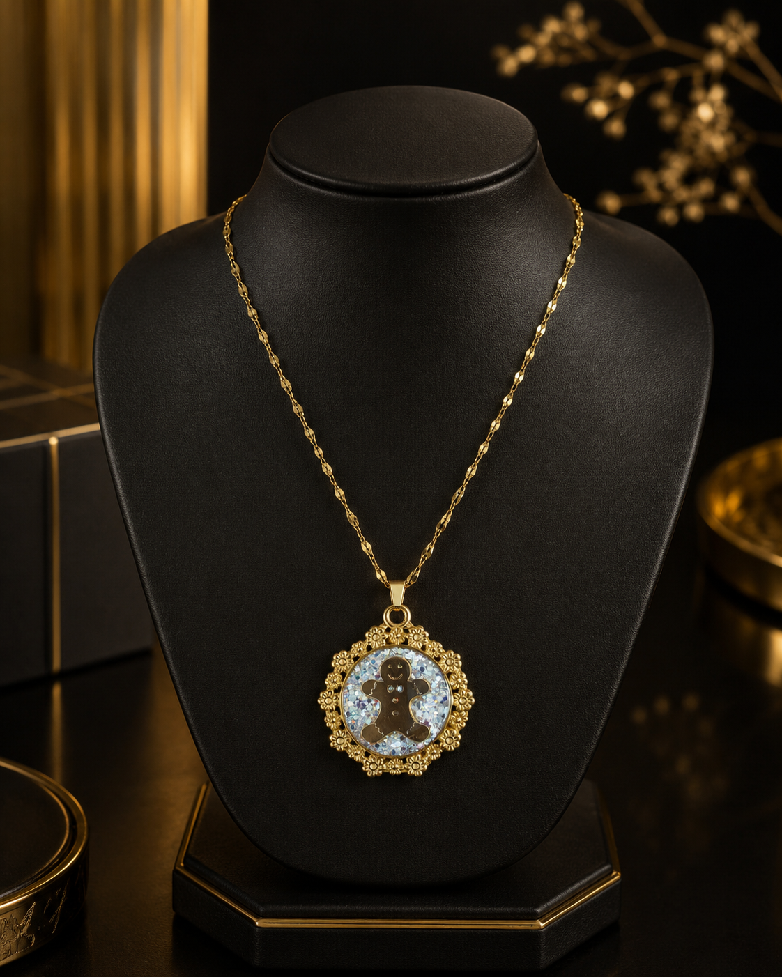 Collier petit biscuit fluorescent version courte or