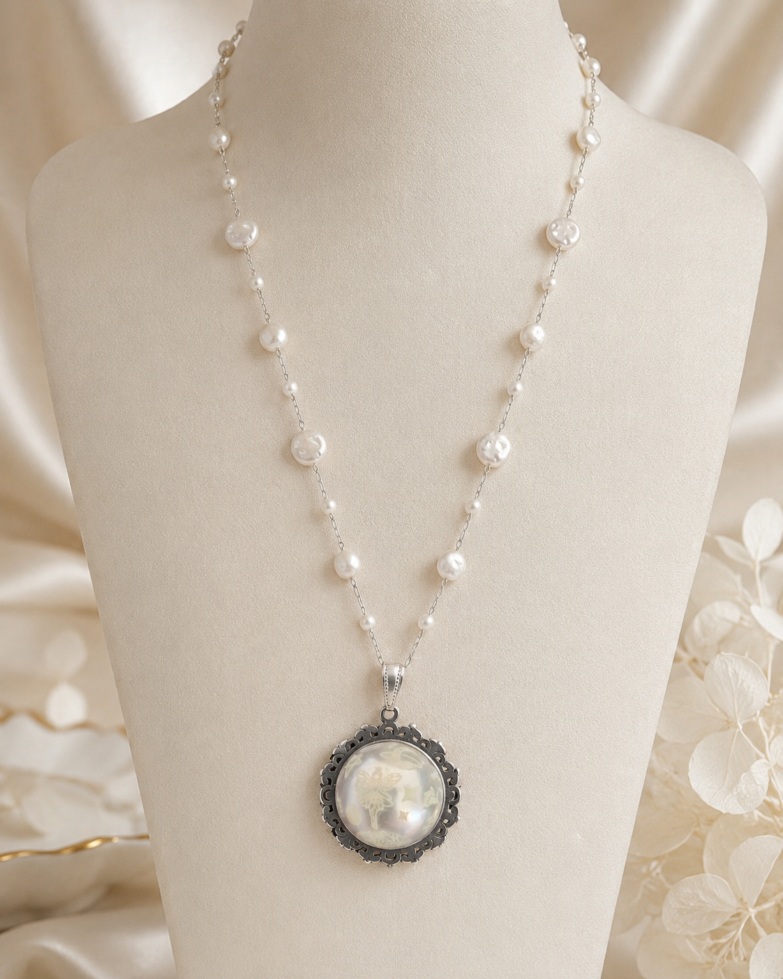 Collier à dentelle avec grosse perle blanche avec la fée siela