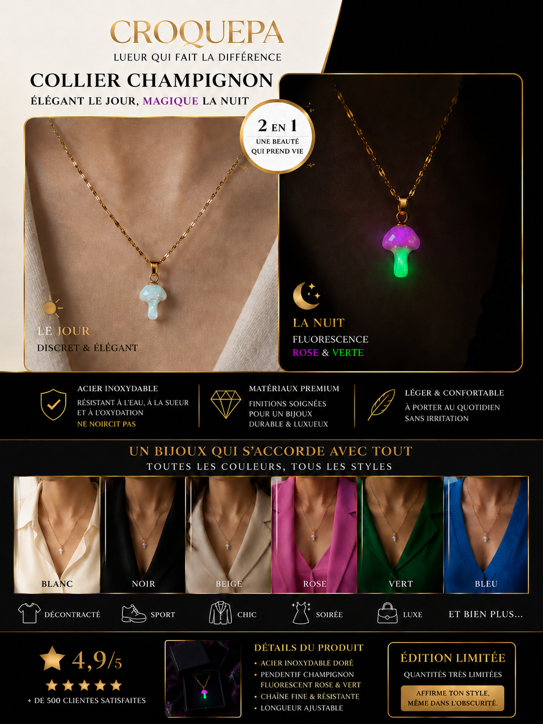 Collier or champignon enchanté avec un  chapeau rose et un pied vert .