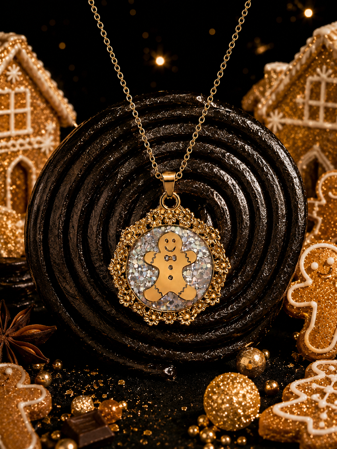 Collier Petit Biscuit fluorescent doré – Chaîne longue Nocturne