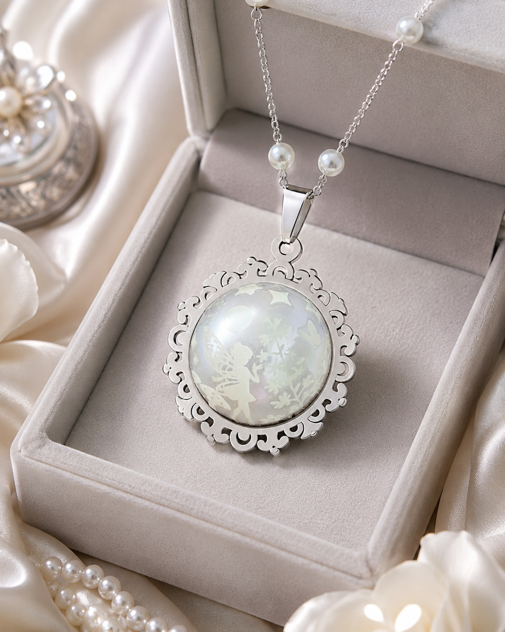 Collier rond à dentelle moyenne perle blanche de la fée jadelia