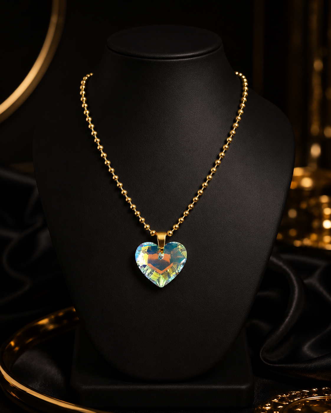 Le collier gros cœur en cristal doré