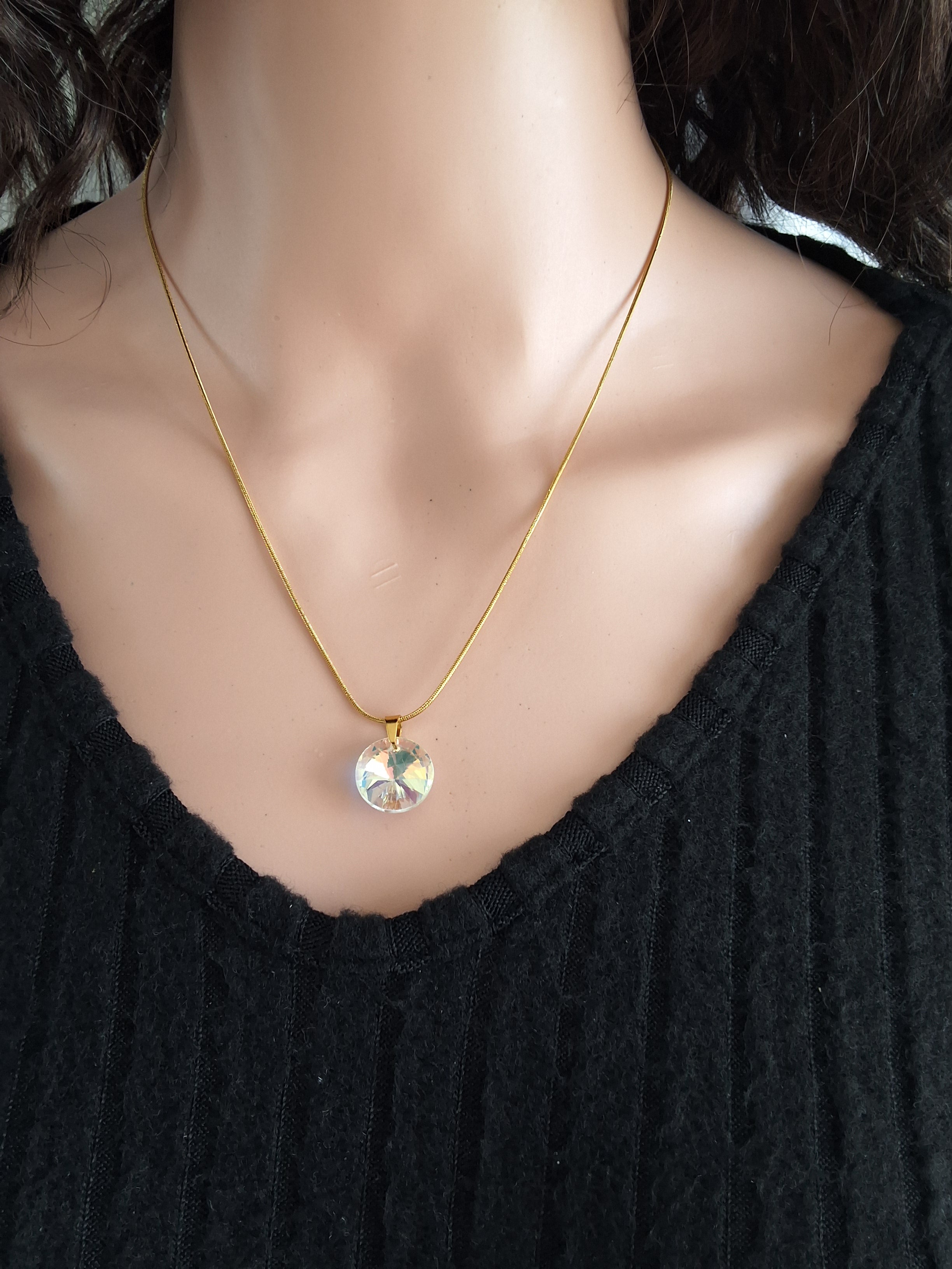 Collier disque en cristal or