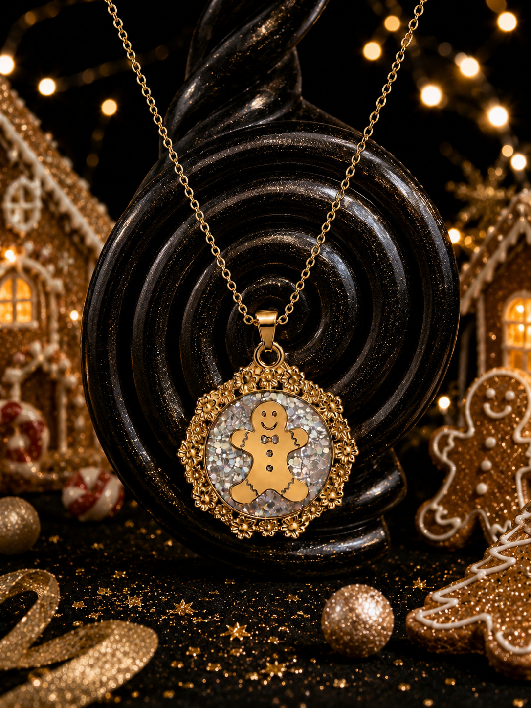 Collier Petit Biscuit fluorescent doré – Chaîne courte Lueur
