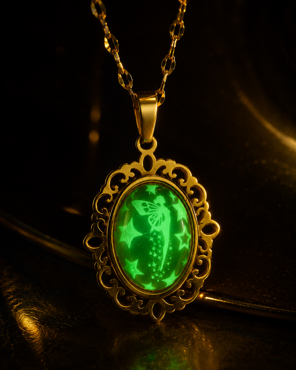 Collier or ovale à dentelle avec petites perles blanches de la fée lumina