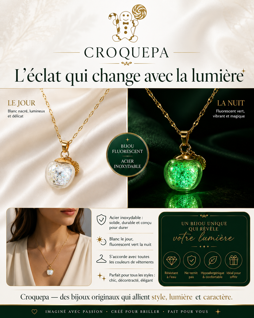 Collier or enchanté pomme verte