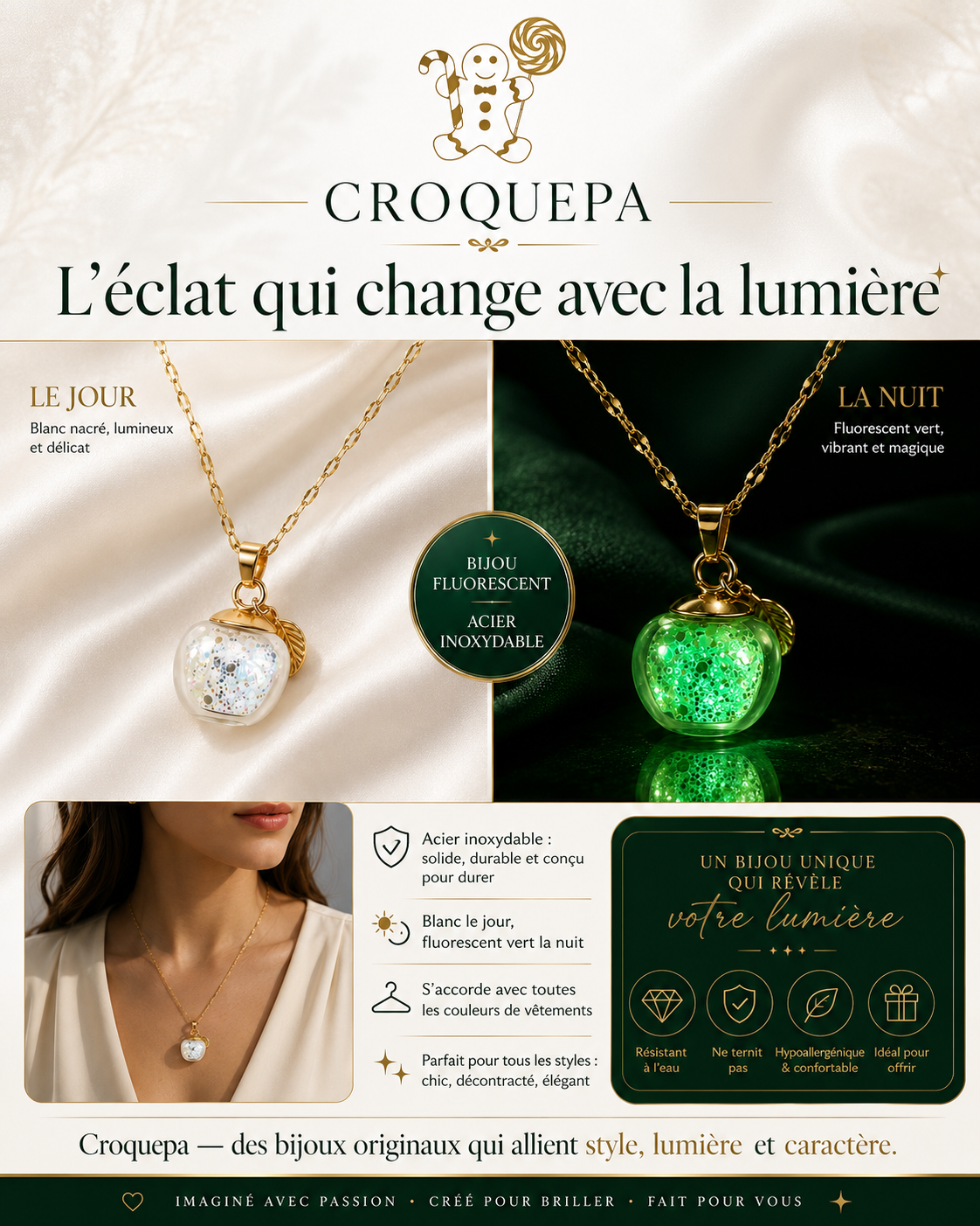 Collier or enchanté pomme verte