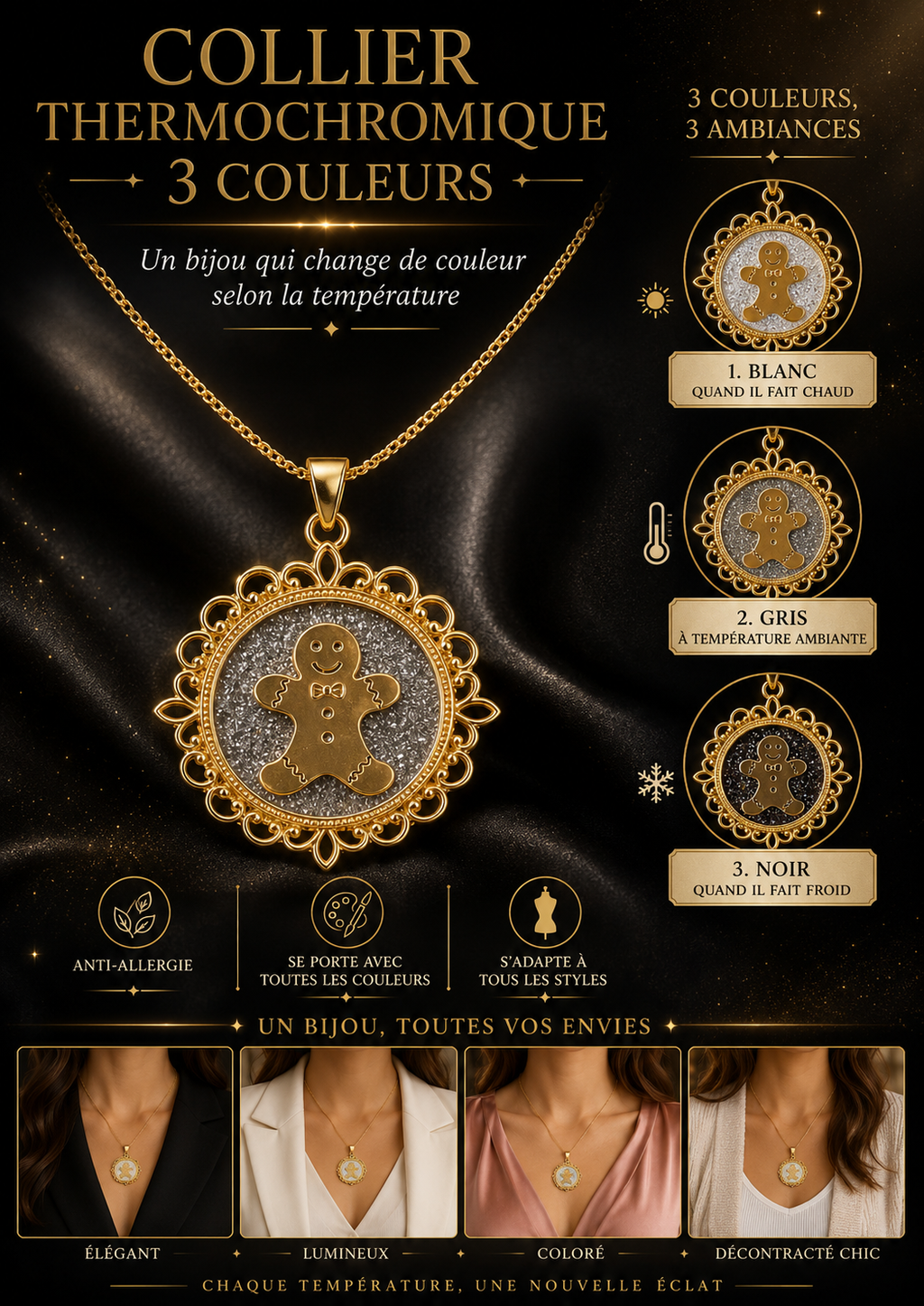 Collier bonhomme pain d’épices thermochromique or