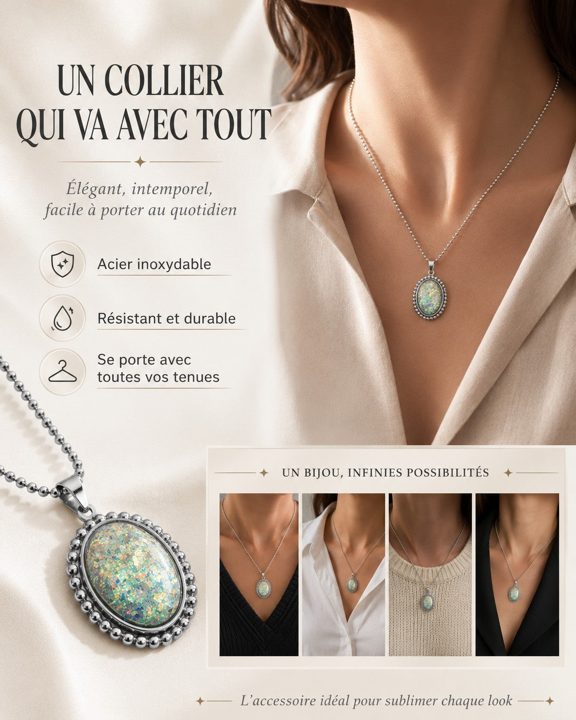 Collier imitation opale extra plat