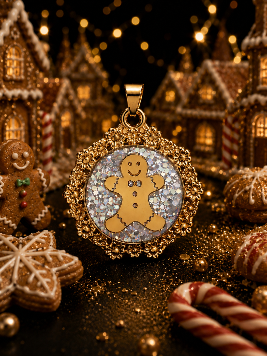 Collier bonhomme pain d’épices fluorescent doré – Chaîne courte Étincelle