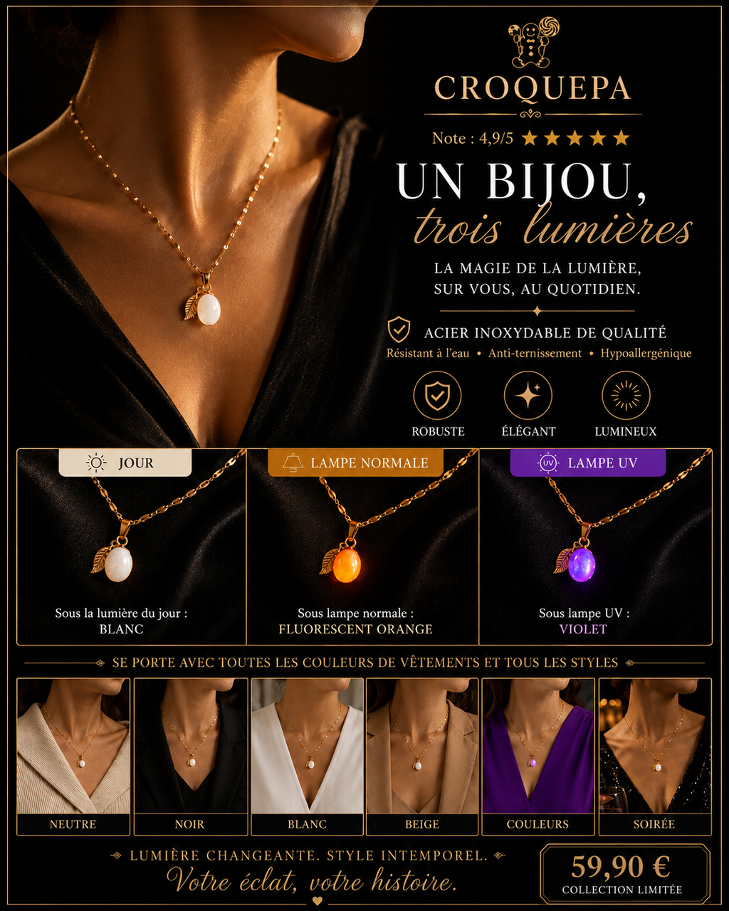 Collier or enchanté prune magique des fées