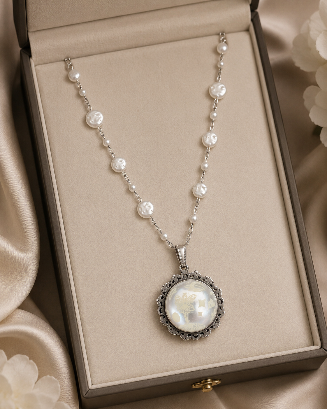 Collier à dentelle avec grosse perle blanche avec la fée siela