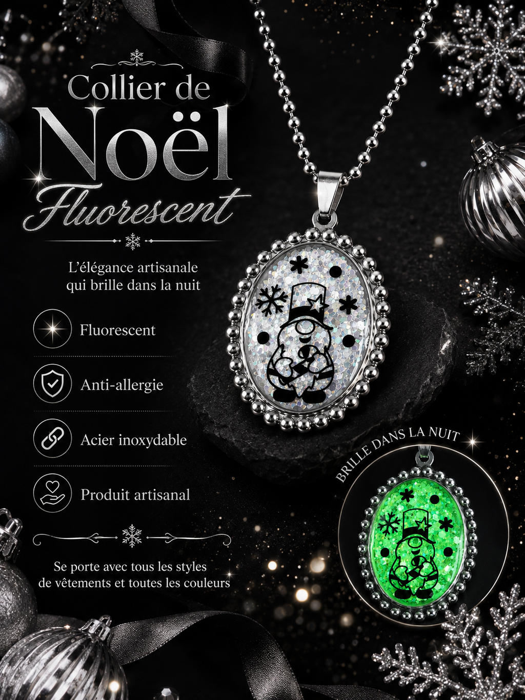 Collier Lutin du Père Noël – Magie Fluorescente vert