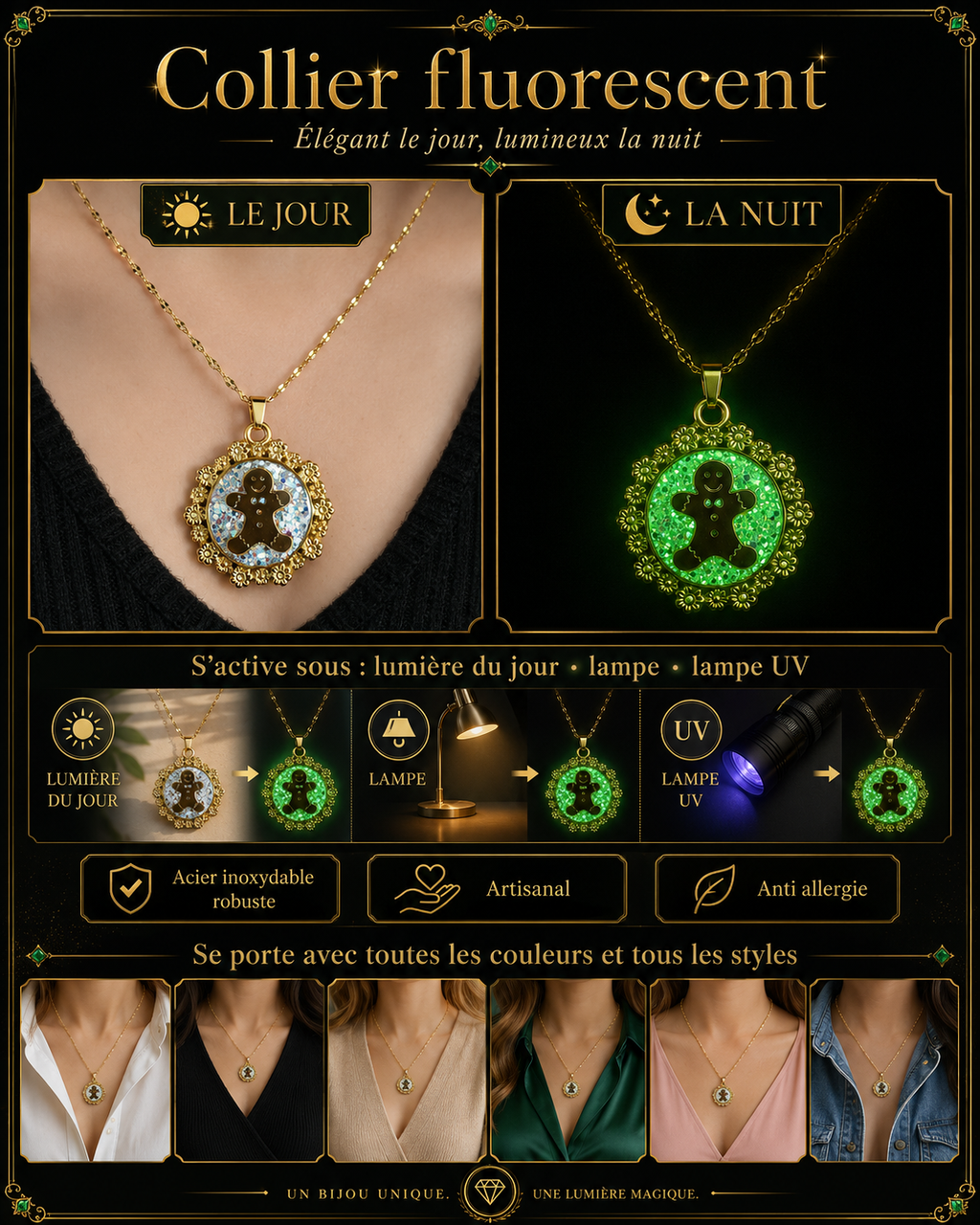 Collier petit biscuit fluorescent version courte or