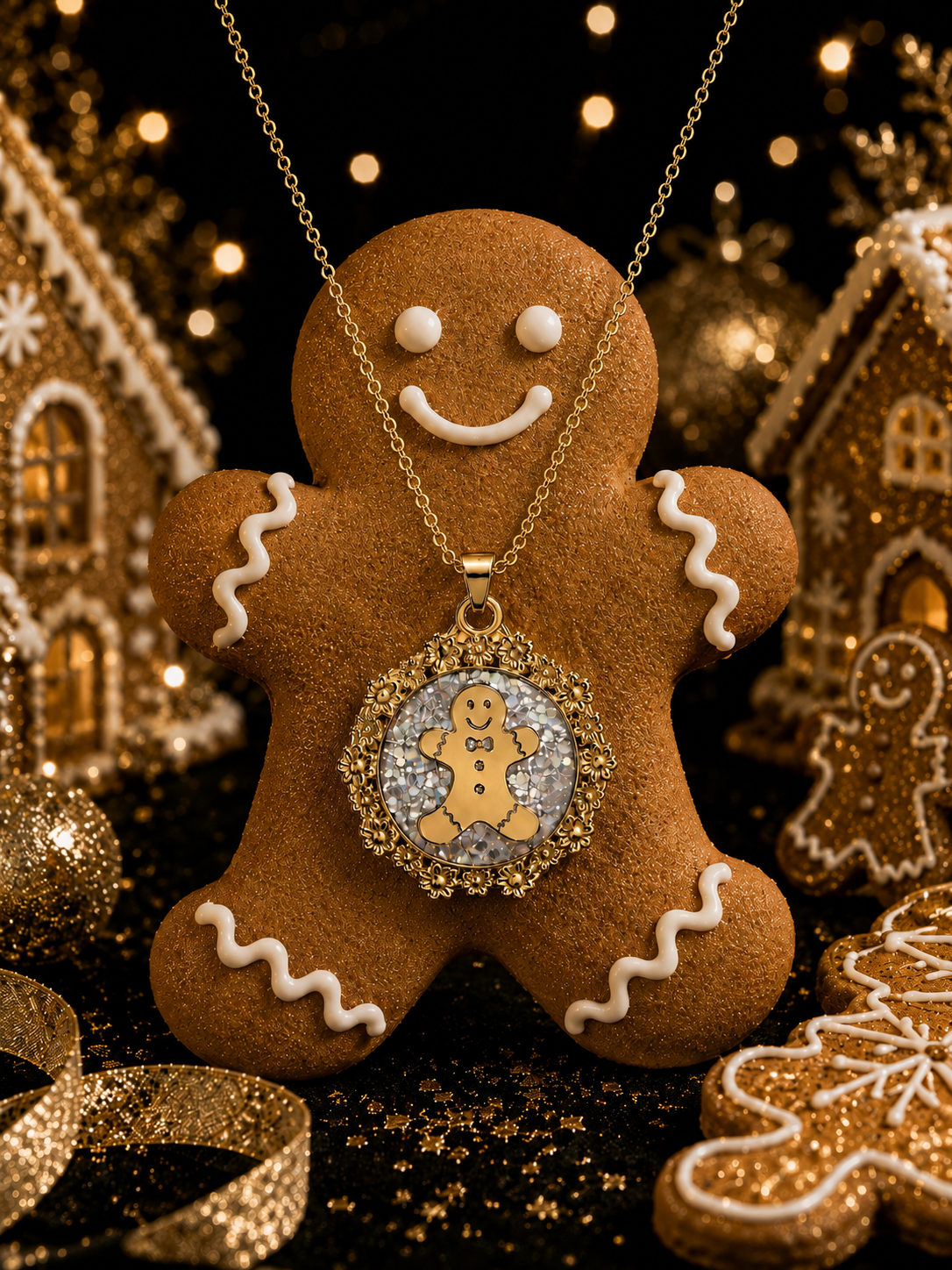Collier Petit Biscuit fluorescent doré – Chaîne courte Lueur