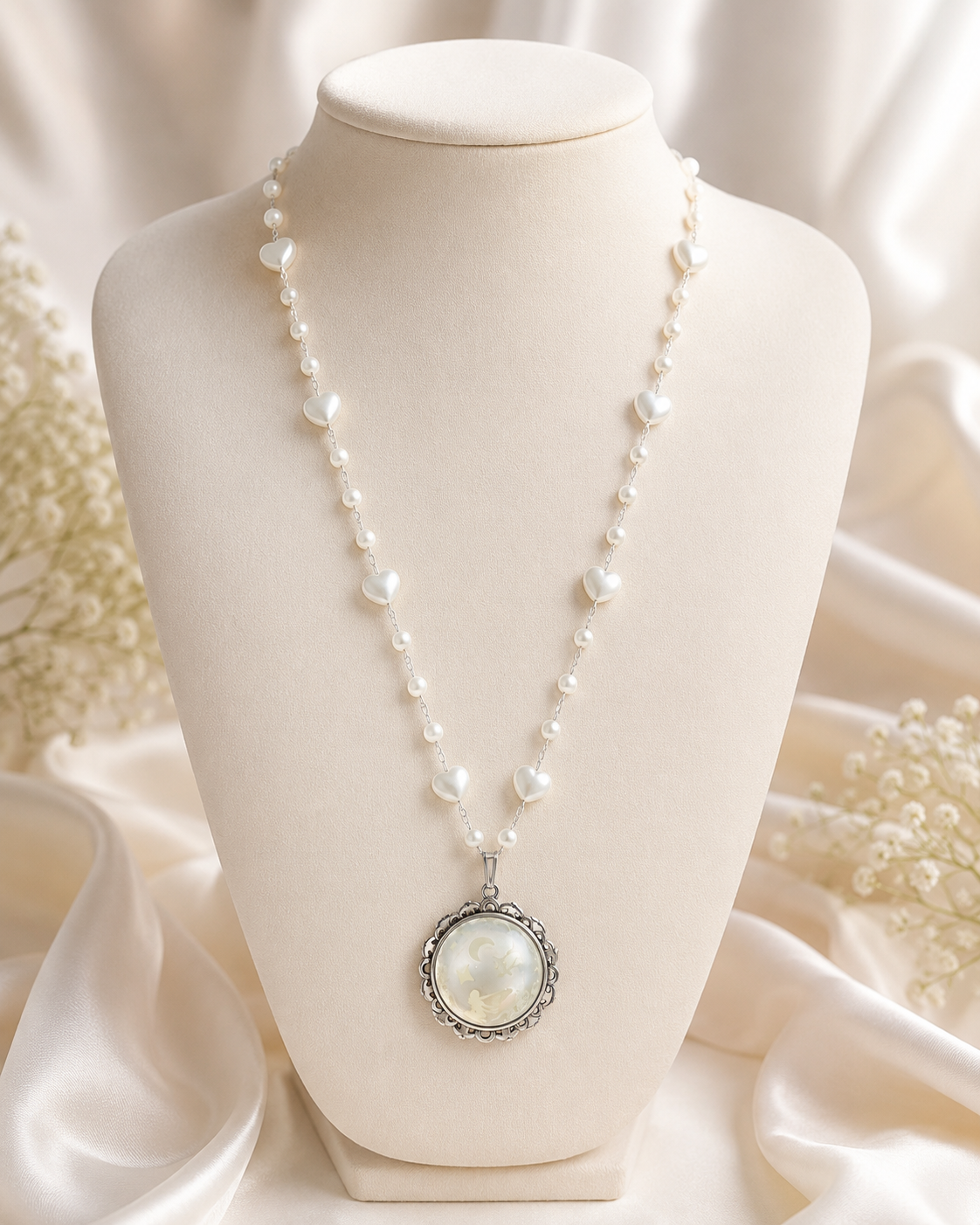 Collier rond à dentelle avec grosse perle blanche de la fée stellia