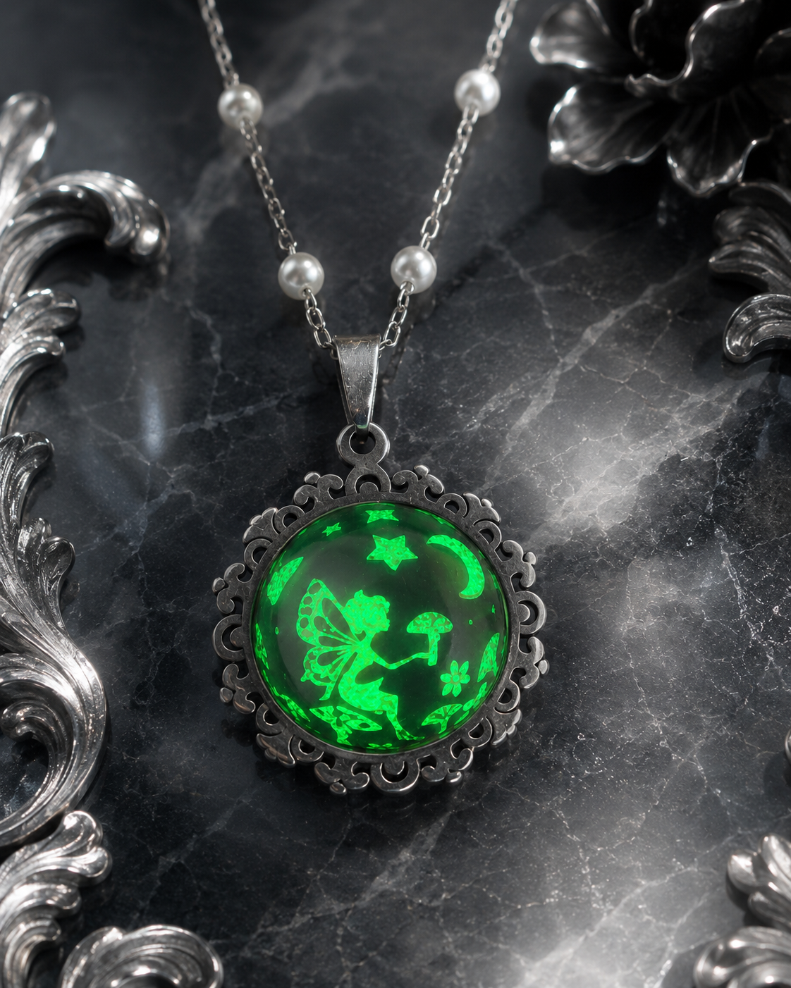 Collier rond dentelle moyenne perle de la fée préline.