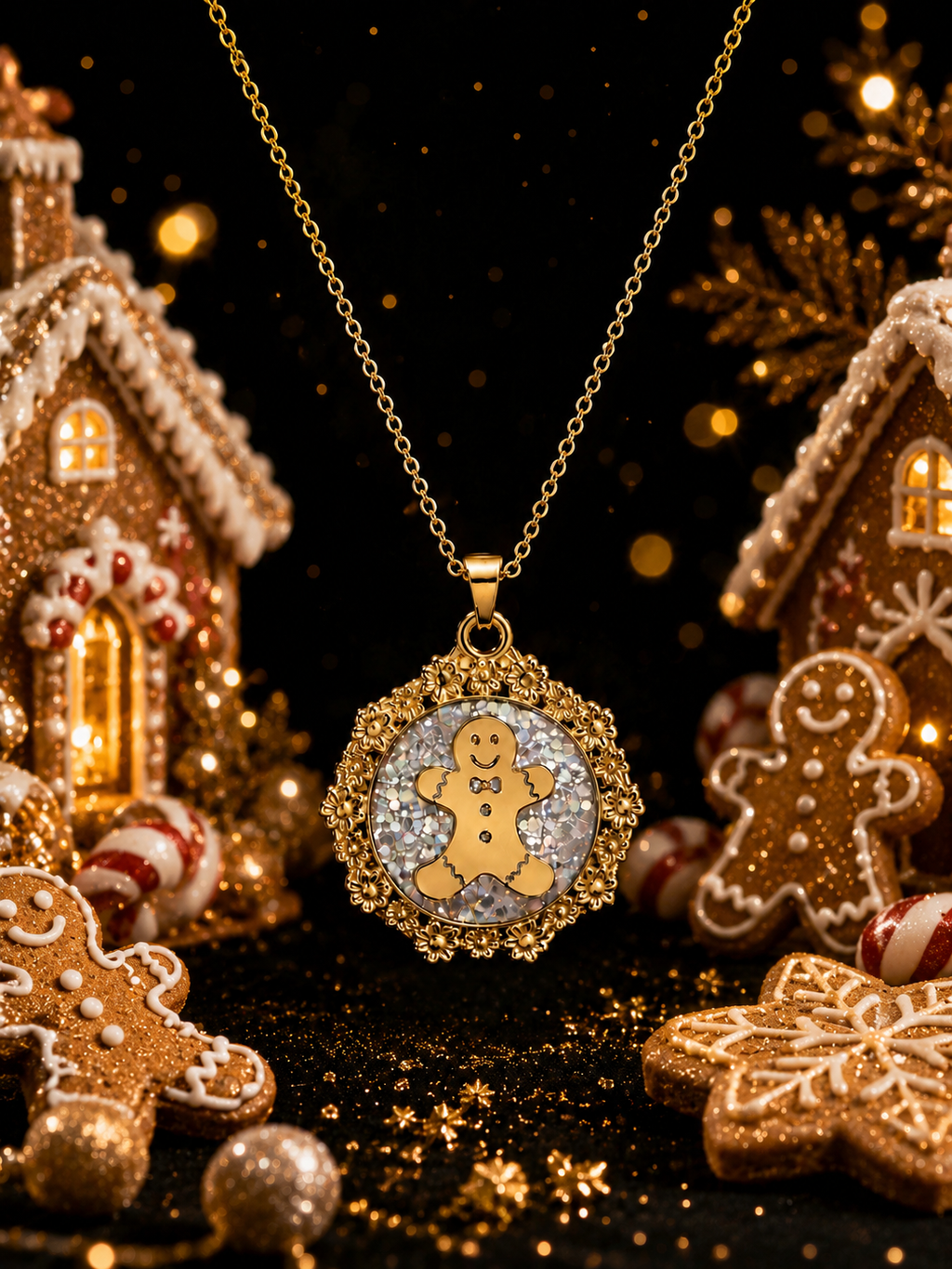 Collier Petit Biscuit fluorescent doré – Chaîne courte Lueur