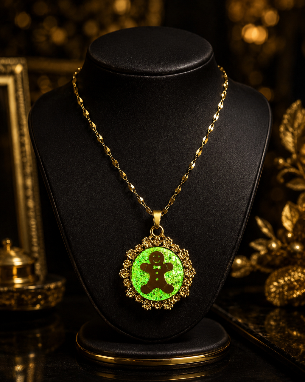 Collier petit biscuit fluorescent version courte or