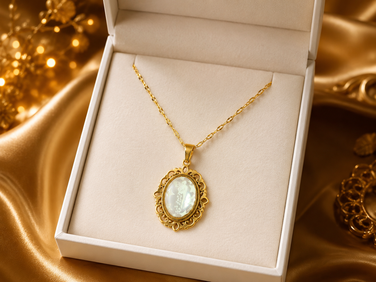 Collier or ovale à dentelle avec petites perles blanches de la fée lumina