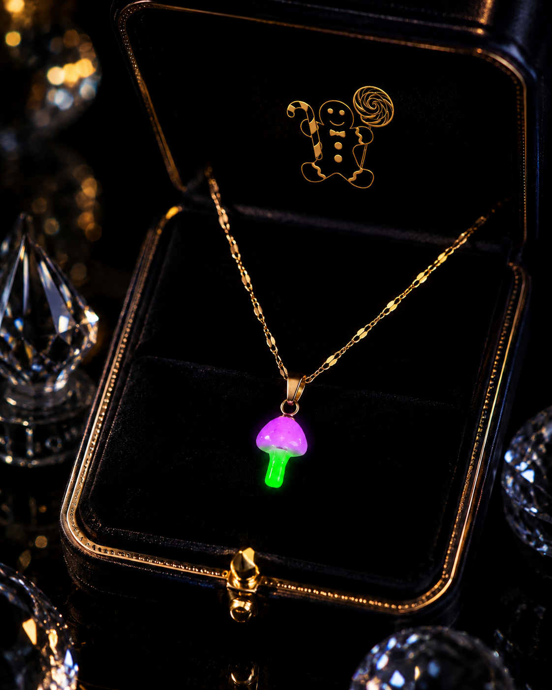 Collier or champignon enchanté avec un  chapeau rose et un pied vert .