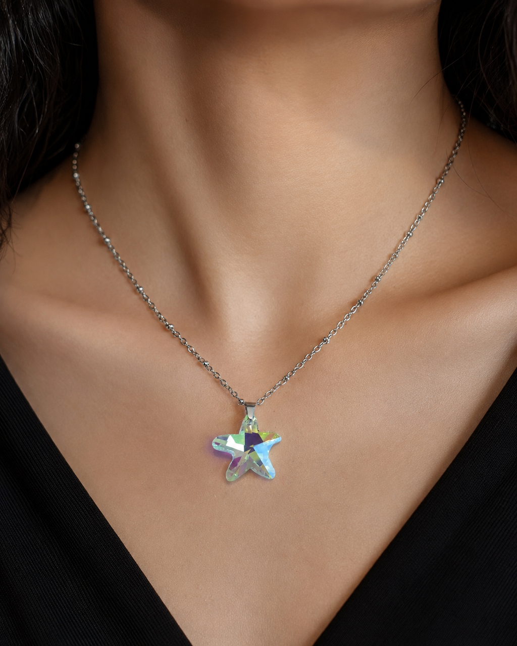 Le collier grosse étoile de mer en cristal argenté