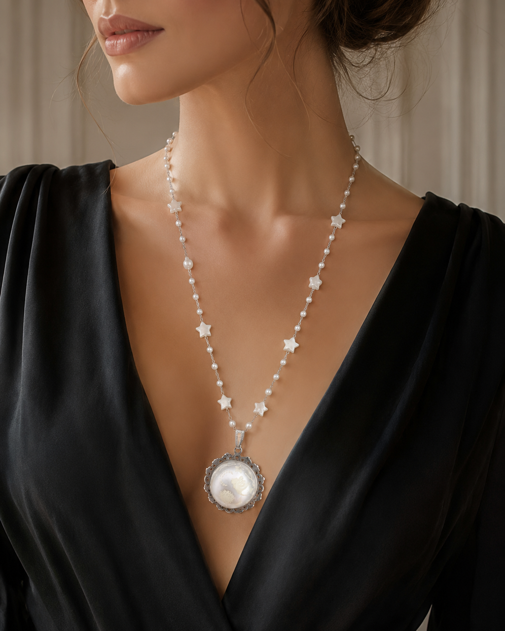 Collier rond à dentelle avec grosse perle blanche de la fée planissette