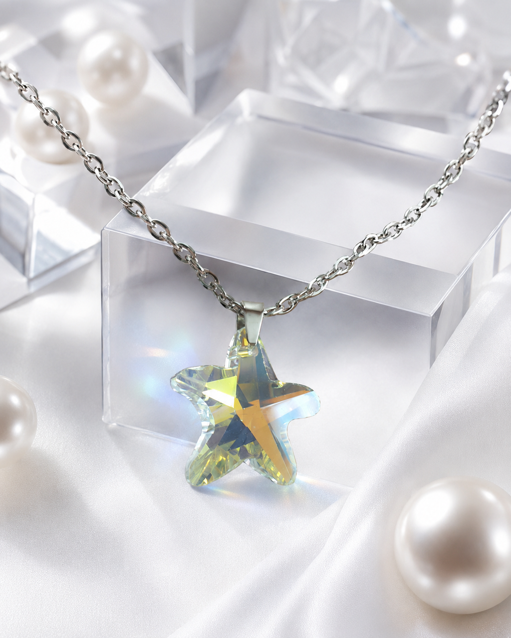 Le collier grosse étoile marine en cristal argenté