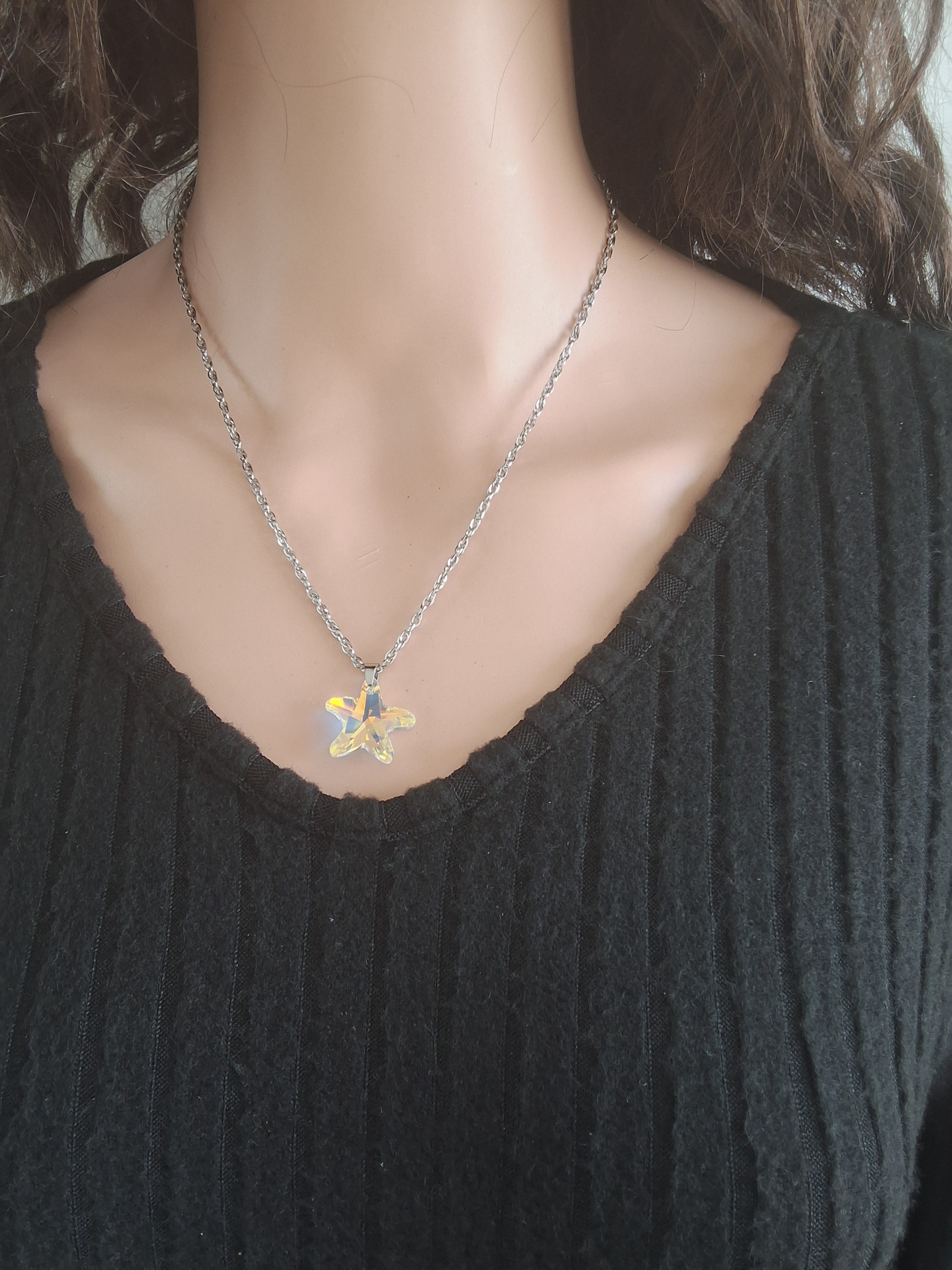 Collier grosse étoile de mer en cristal argent