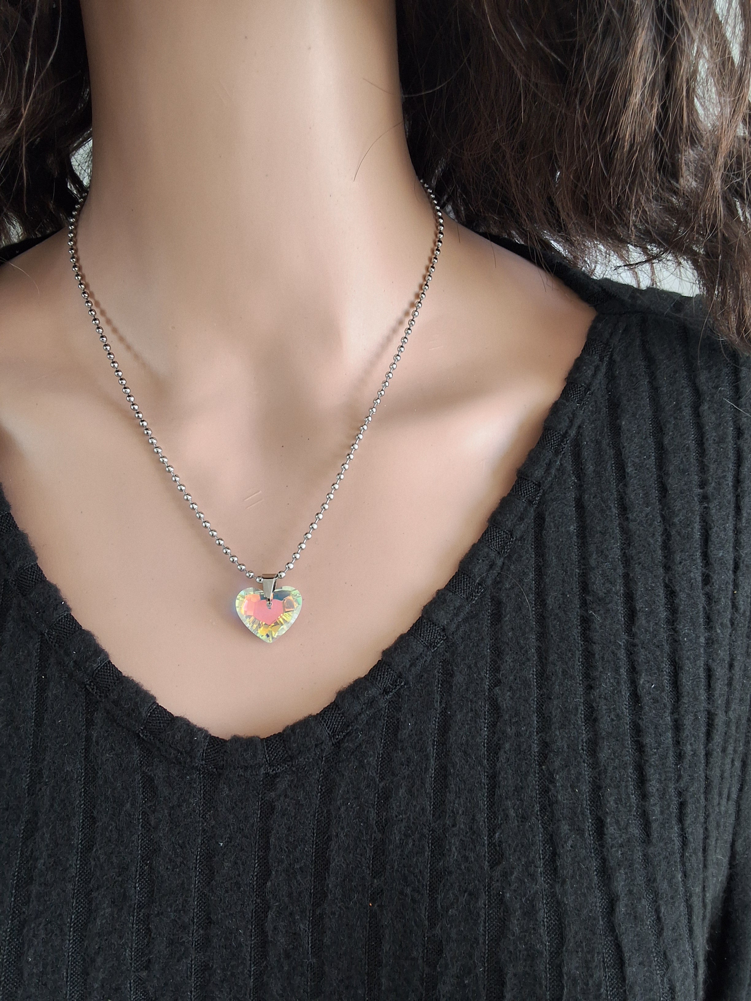 Collier gros cœur en cristal argent
