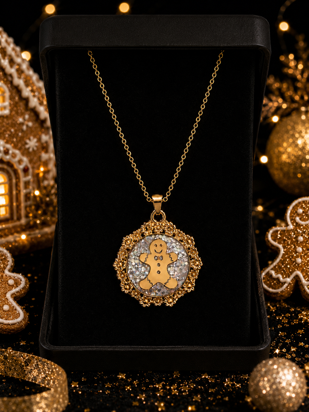 Collier Petit Biscuit fluorescent doré – Chaîne courte Lueur