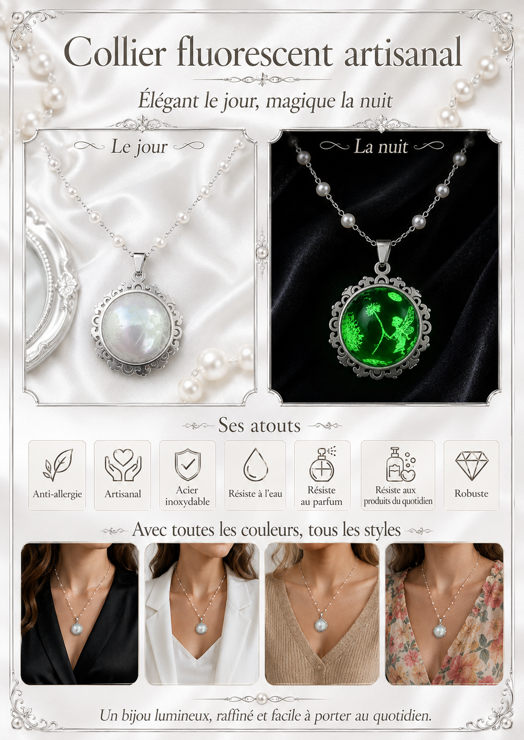 Collier rond à dentelle moyenne perle blanche de la fée kanys