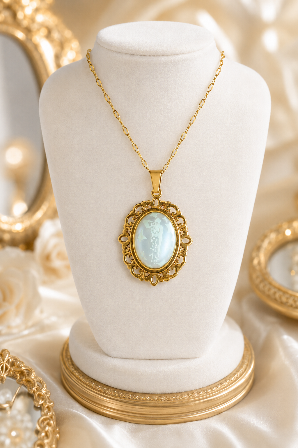 Collier or ovale à dentelle avec petites perles blanches de la fée lumina