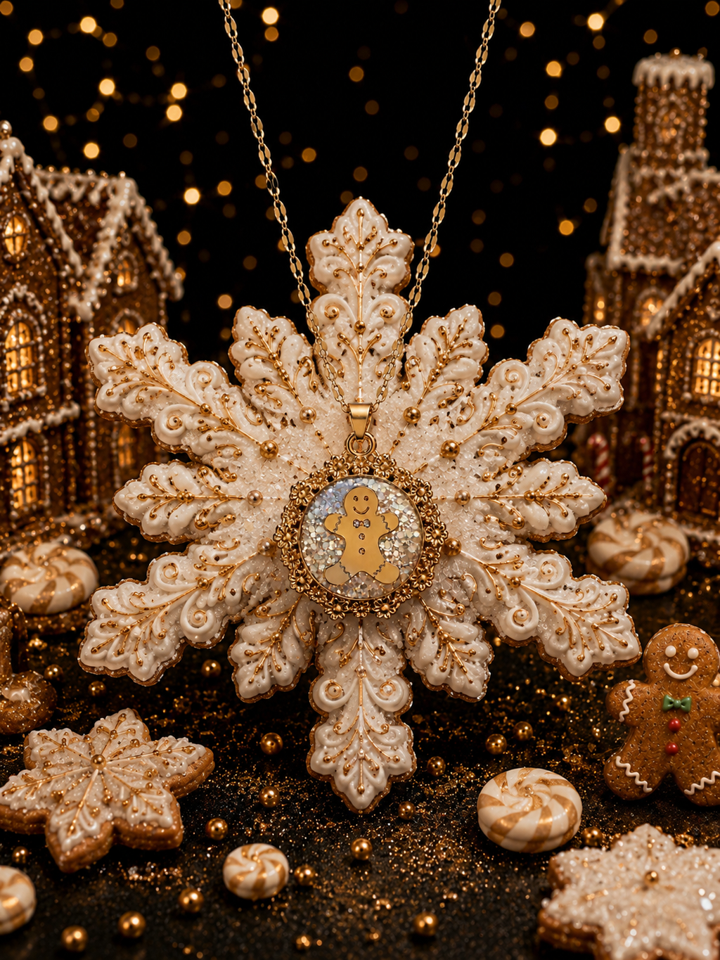 Collier bonhomme pain d’épices fluorescent doré – Chaîne courte Étincelle