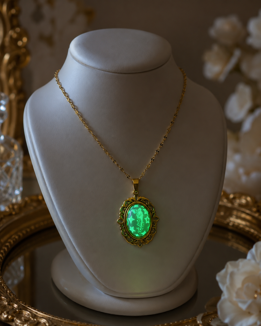 Collier or ovale à dentelle avec petites perles blanches de la fée lumina