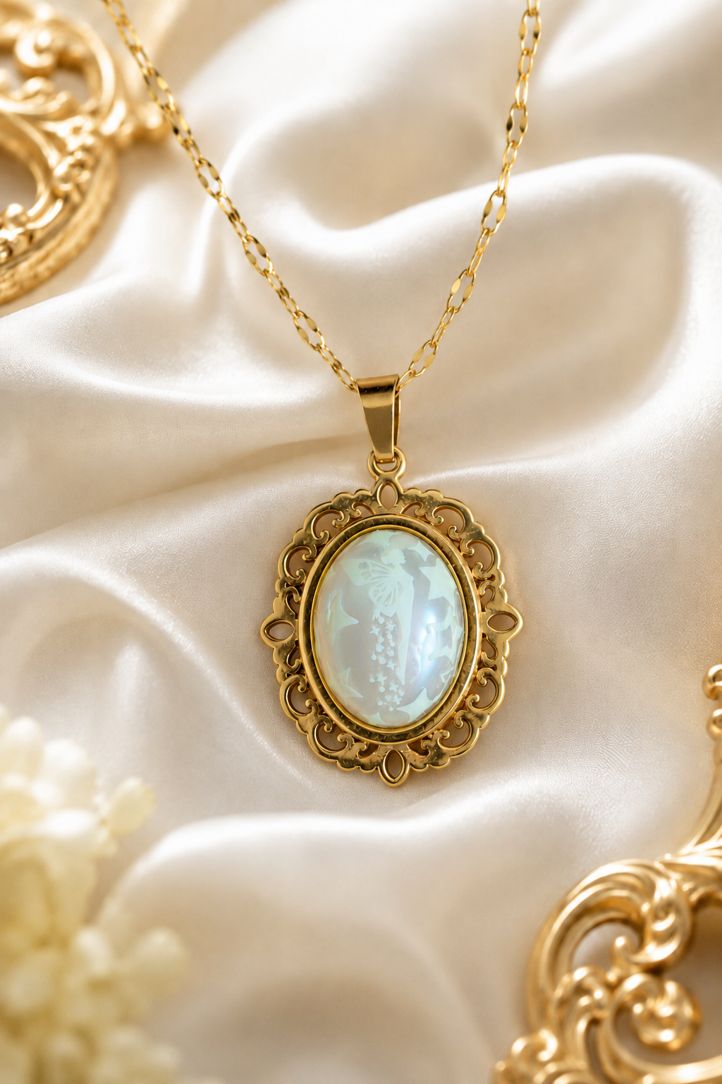 Collier or ovale à dentelle avec petites perles blanches de la fée lumina